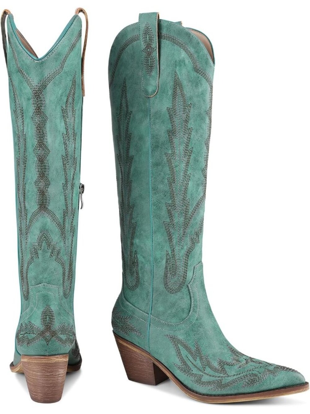Women's Teal Embroidered Pull On Casual Mid Heel Round Toe Cowgirl Boots - Picture 4 of 7
